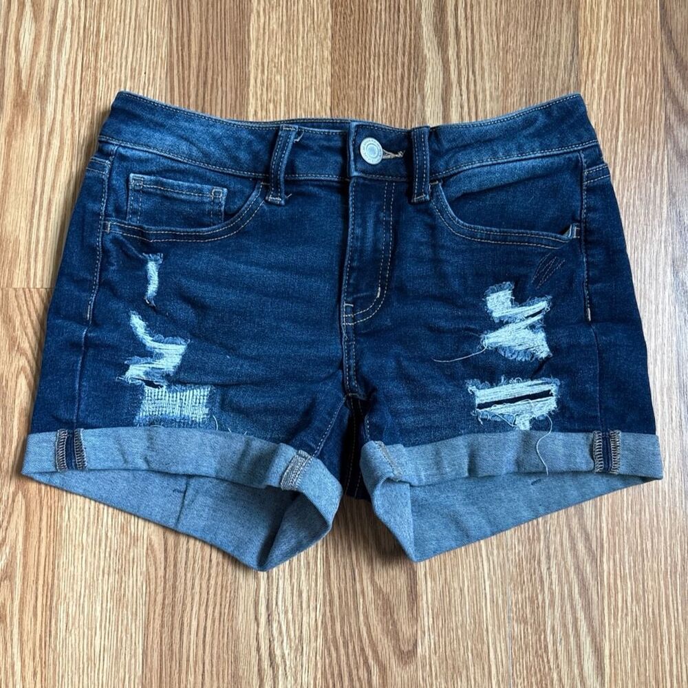 Shorts juniors teens girls medium wash low rise midi short pockets distressed